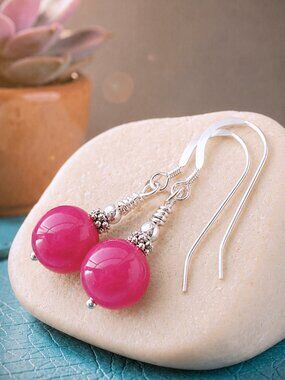 Petite Hot Pink Gemstone Earrings 925 Sterling Silver Dangle Minimalist Boho